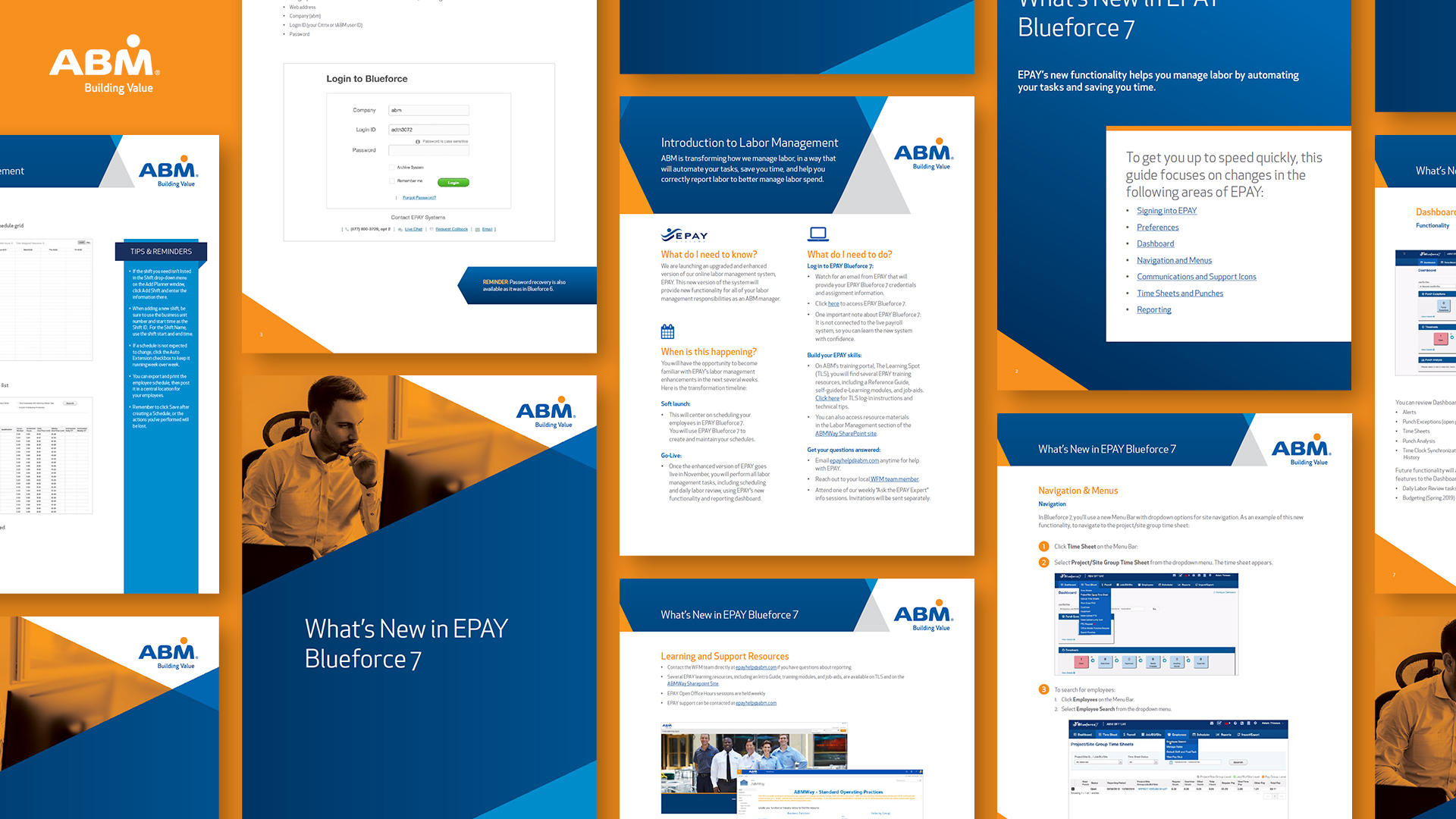 <strong>ABM – Labor Management Job Aids</strong><small> As part of a major change management initiative, we worked closely with ABM to develop a series of resources to educate their employees on several new technology platforms they would need to become acquainted with.</small>