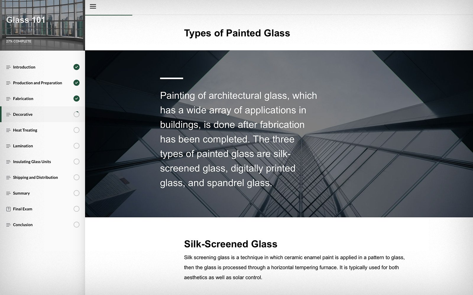 Screenshot of Glass 101 eLearning course