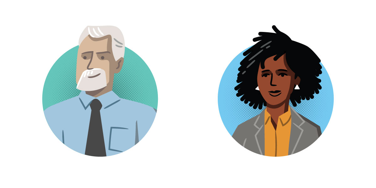 Two illustrated portraits of learners
